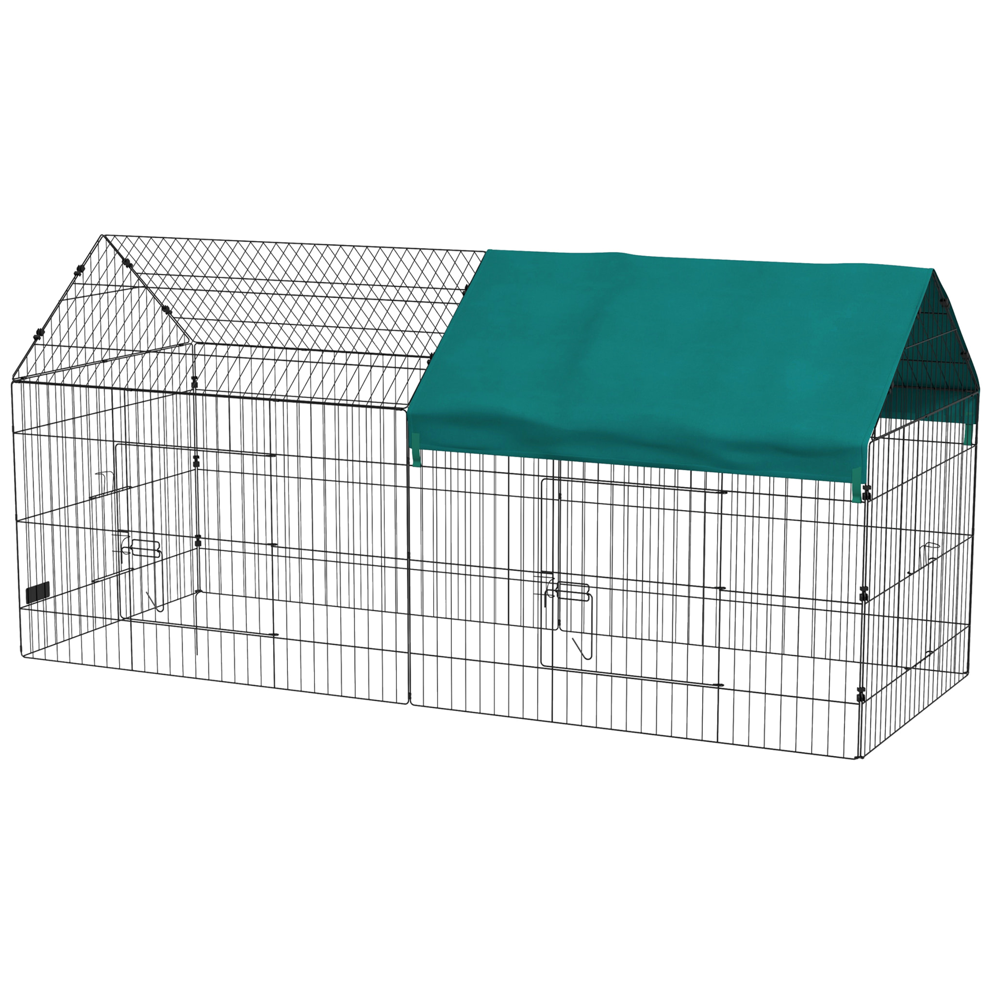 Parc enclos petits animaux - 2 portes, 2 trappes nourrissages, zone couverte - acier noir polyester vert