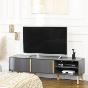 Meuble TV banc TV 2 portes 2 niches design scandinave panneaux particules gris aspect bois clair