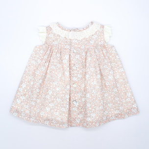 Vestido corto estampado flores rosas, tira bordada en el cuello y las sisas