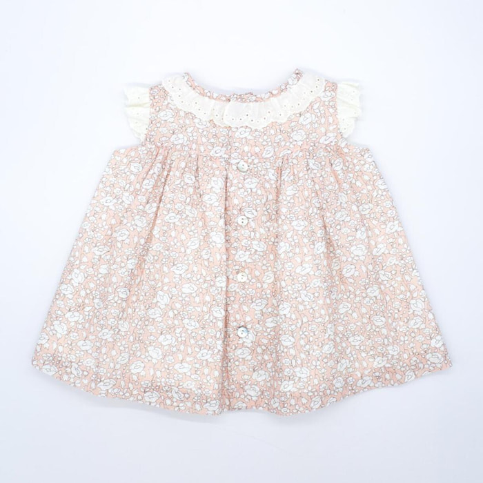 Vestido corto estampado flores rosas, tira bordada en el cuello y las sisas