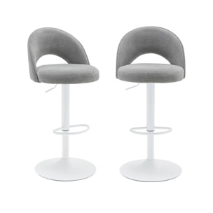 Lot de deux tabourets de bar ajustables métal et tissu gris clair. pied blanc - L 49 x P 49 x H 88.5-110cm - Abby