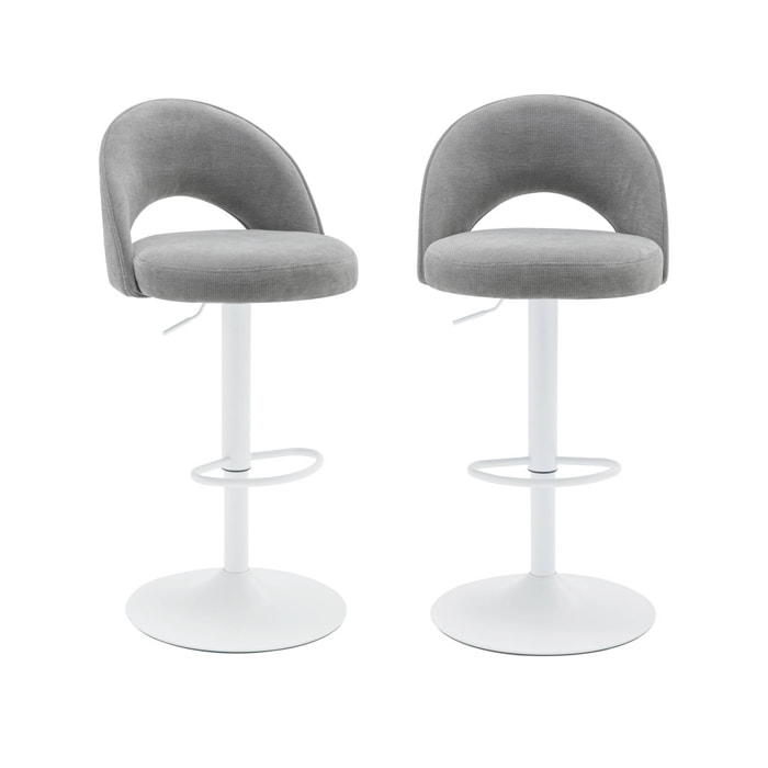 Lot de deux tabourets de bar ajustables métal et tissu gris clair. pied blanc - L 49 x P 49 x H 88.5-110cm - Abby