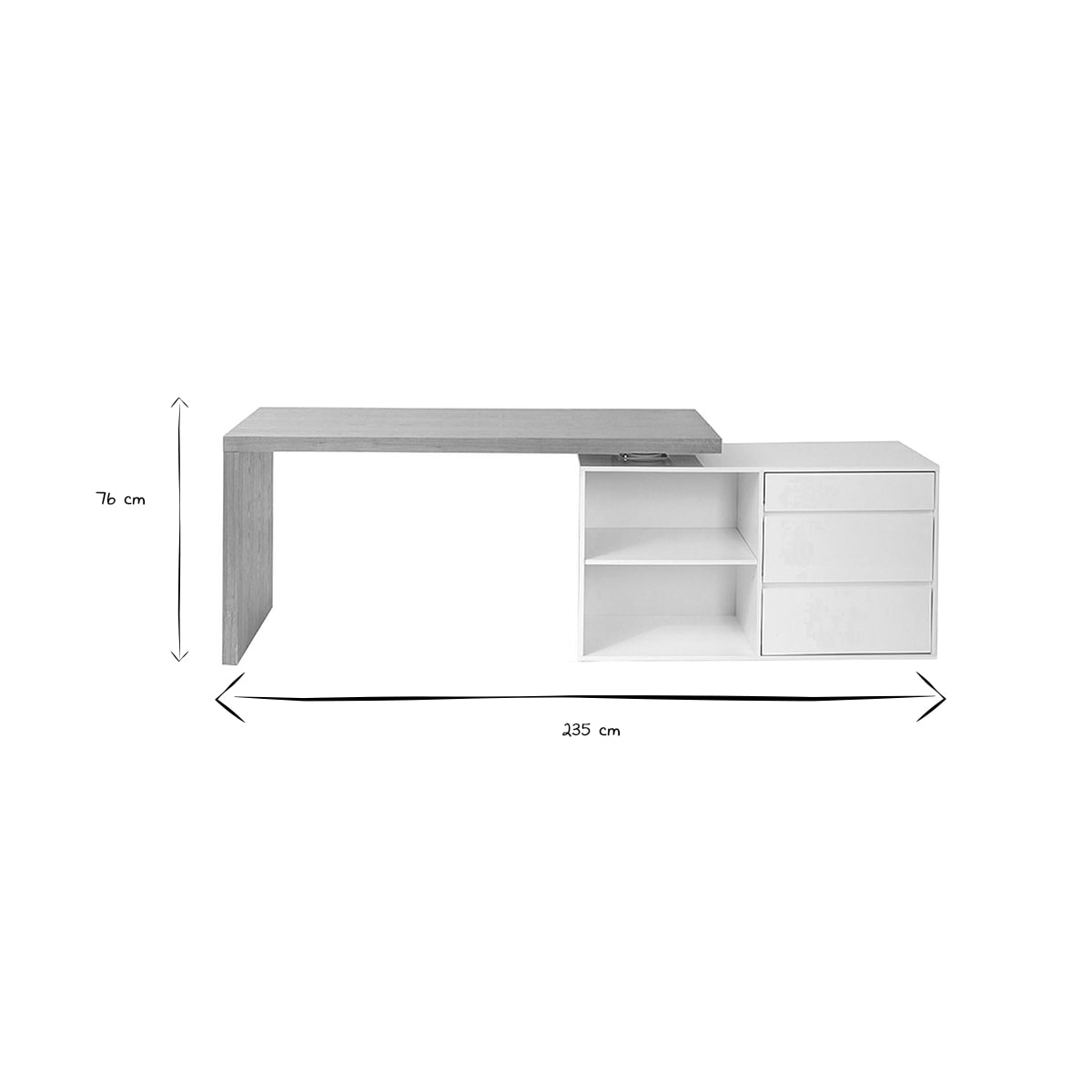 Bureau modulable design blanc brillant et bois clair frêne L160-235 cm NEW MAX