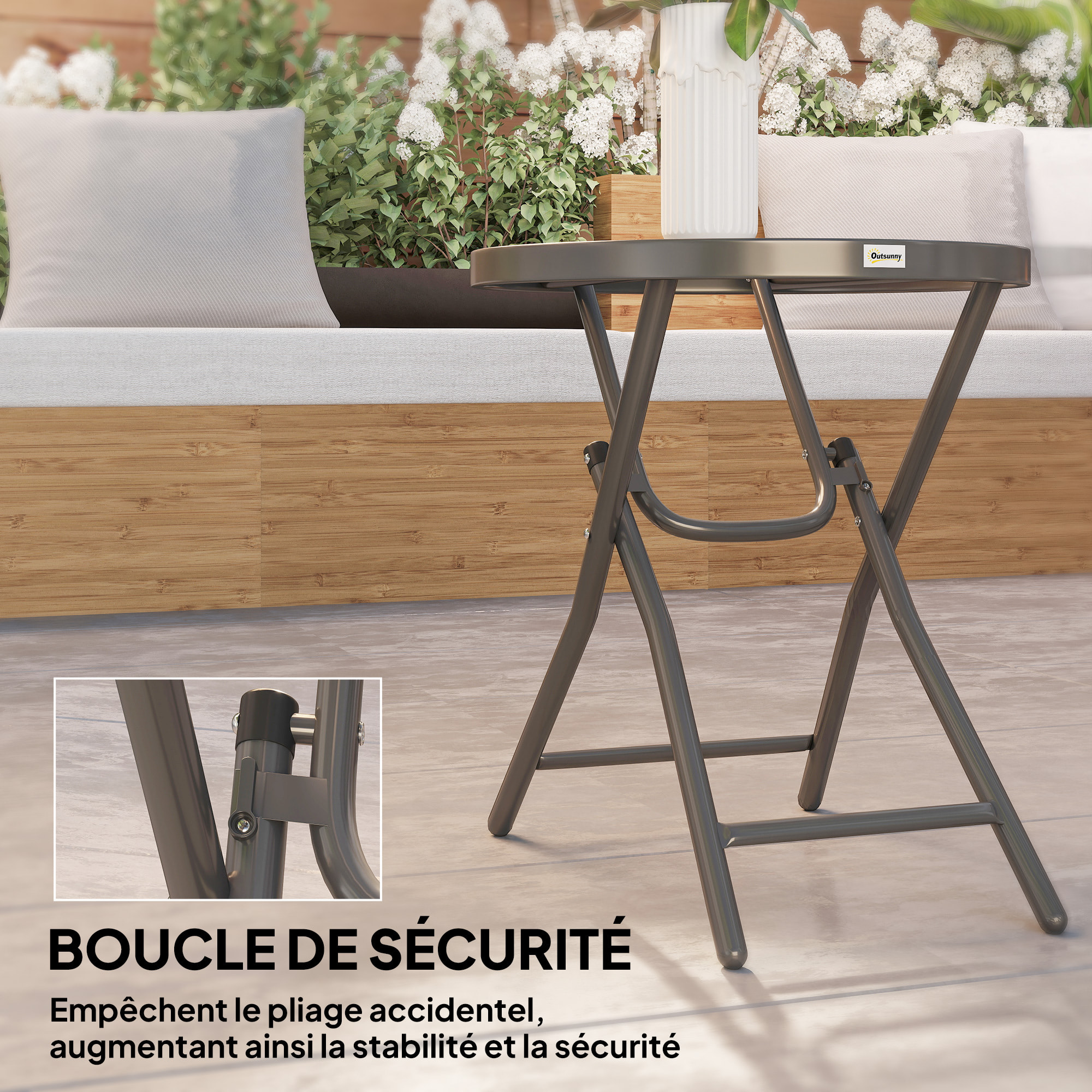 Table basse carrée bistro de jardin dia. 60 x 50 cm pliable métal époxy noir plateau verre trempé
