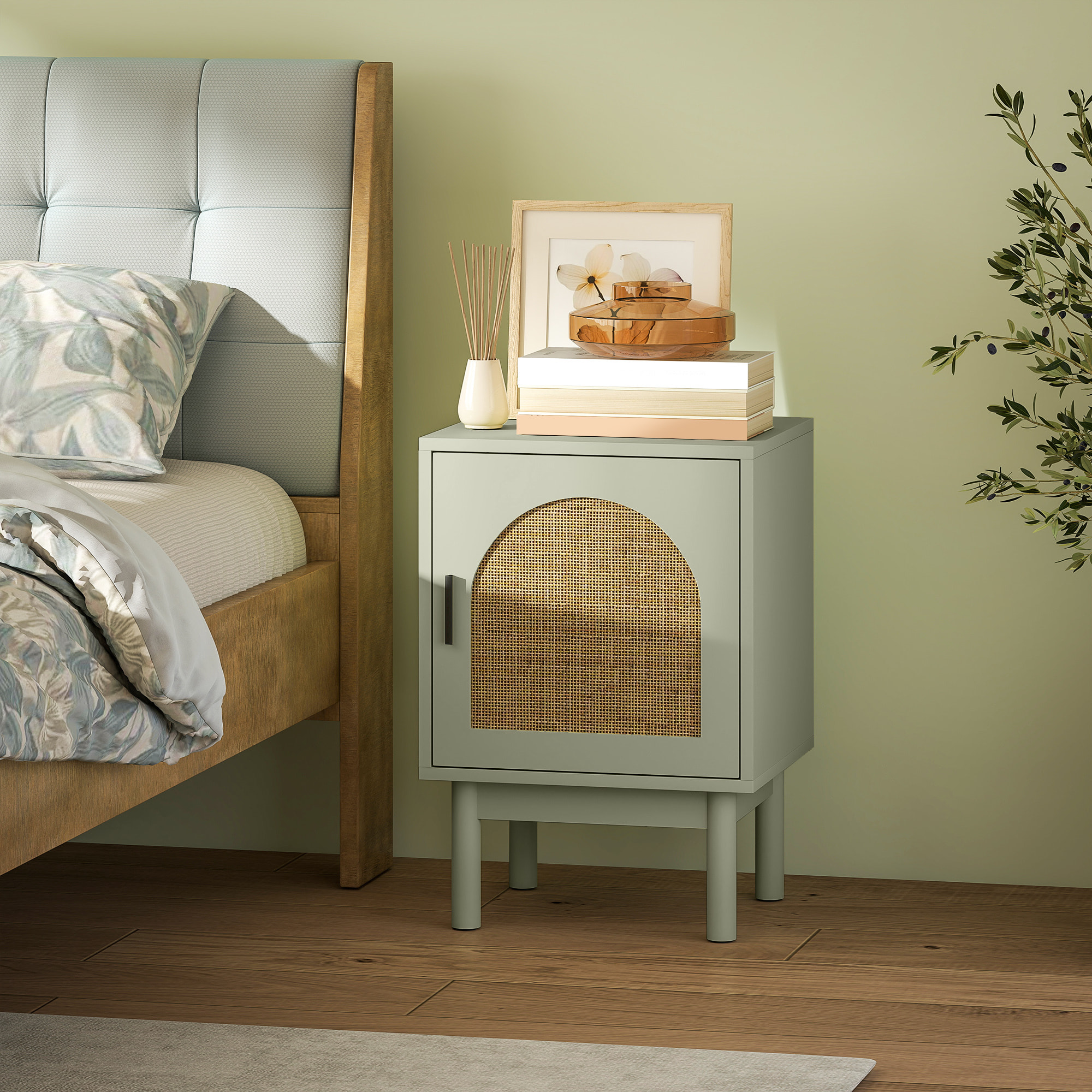 Mesita de Noche Mesilla de Noche con Puerta de Ratán Estante Ajustable y Patas de Madera Estilo Bohemio Mesa Auxiliar para Salón Dormitorio 40x35x58 cm Blanco