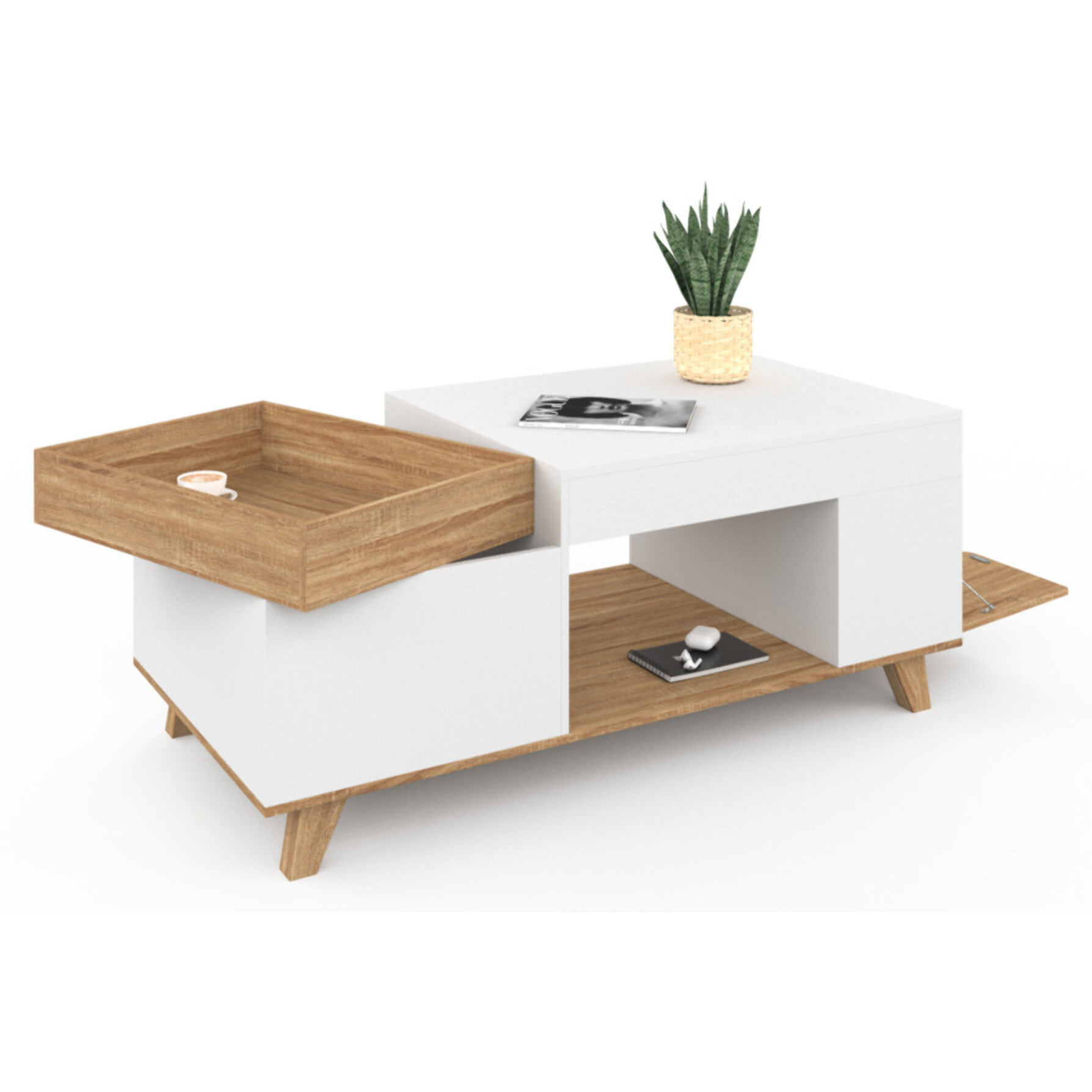 Table basse Stella relevable et double coffre bois et blanc