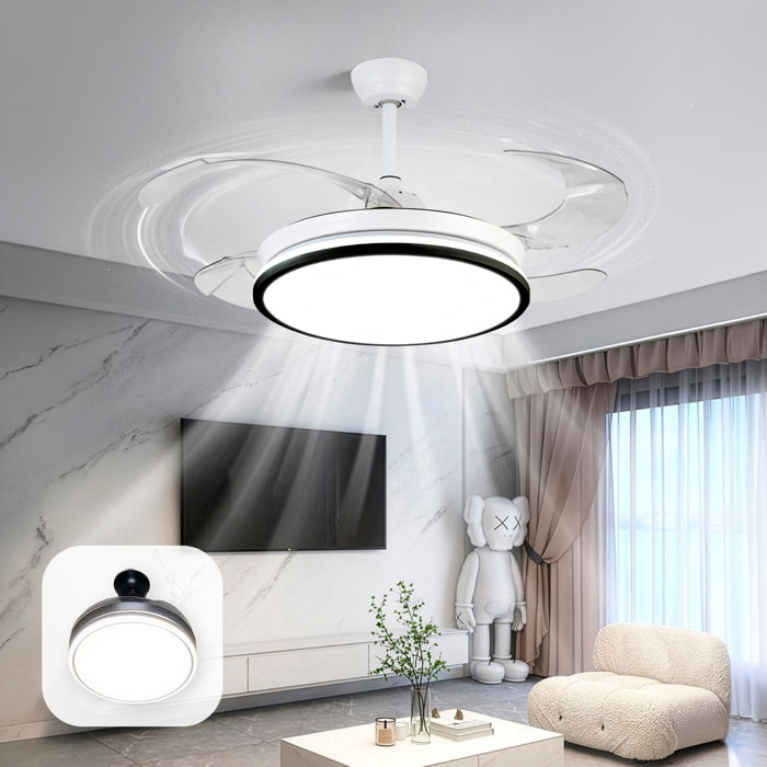 Ventilatore da soffitto 780x7120 cm, pale retrattili, motore DC da 36W, luce LED dimmerabile da 60W, 6 velocità e modalità inverno/estate. Controllabile tramite telecomando o app per dispositivi mobili.
