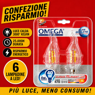 OMEGA Set 6 Lampadine Filament LED Soffio di Vento 4W E14 3000K