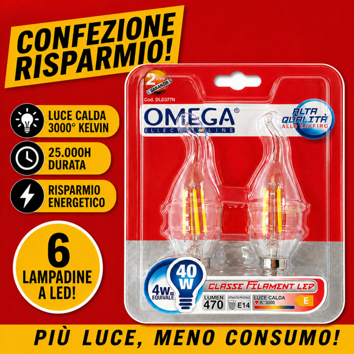 OMEGA Set 6 Lampadine Filament LED Soffio di Vento 4W E14 3000K