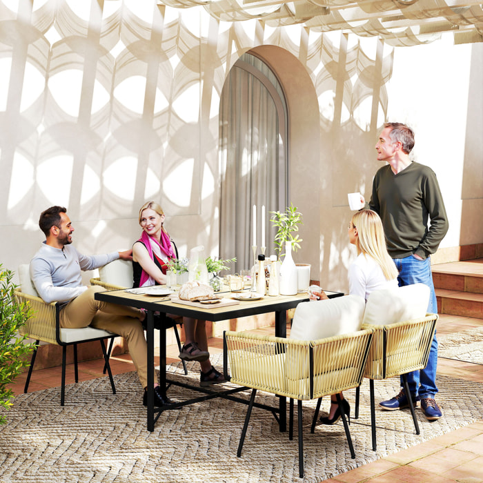 Conjunto de Mesa y Sillas Jardín de Ratán de 5 Piezas, Muebles Jardín Exterior con Mesa de Plástico-Madera y 4 Sillas con Cojines Extraíbles, Marco de Metal Resistente para Terraza, Beige