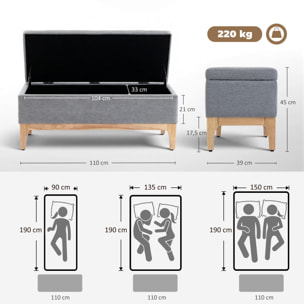 Banquette coffre de rangement 2 en 1 style scandinave dim. 110L x 39l x 45H cm tissu gris
