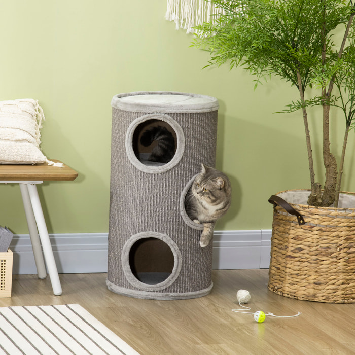 Barril Rascador para Gatos de 3 Niveles Torre Rascador para Gatos con 3 Entradas y Cubierta de Sisal Ø38x70 cm Gris Claro