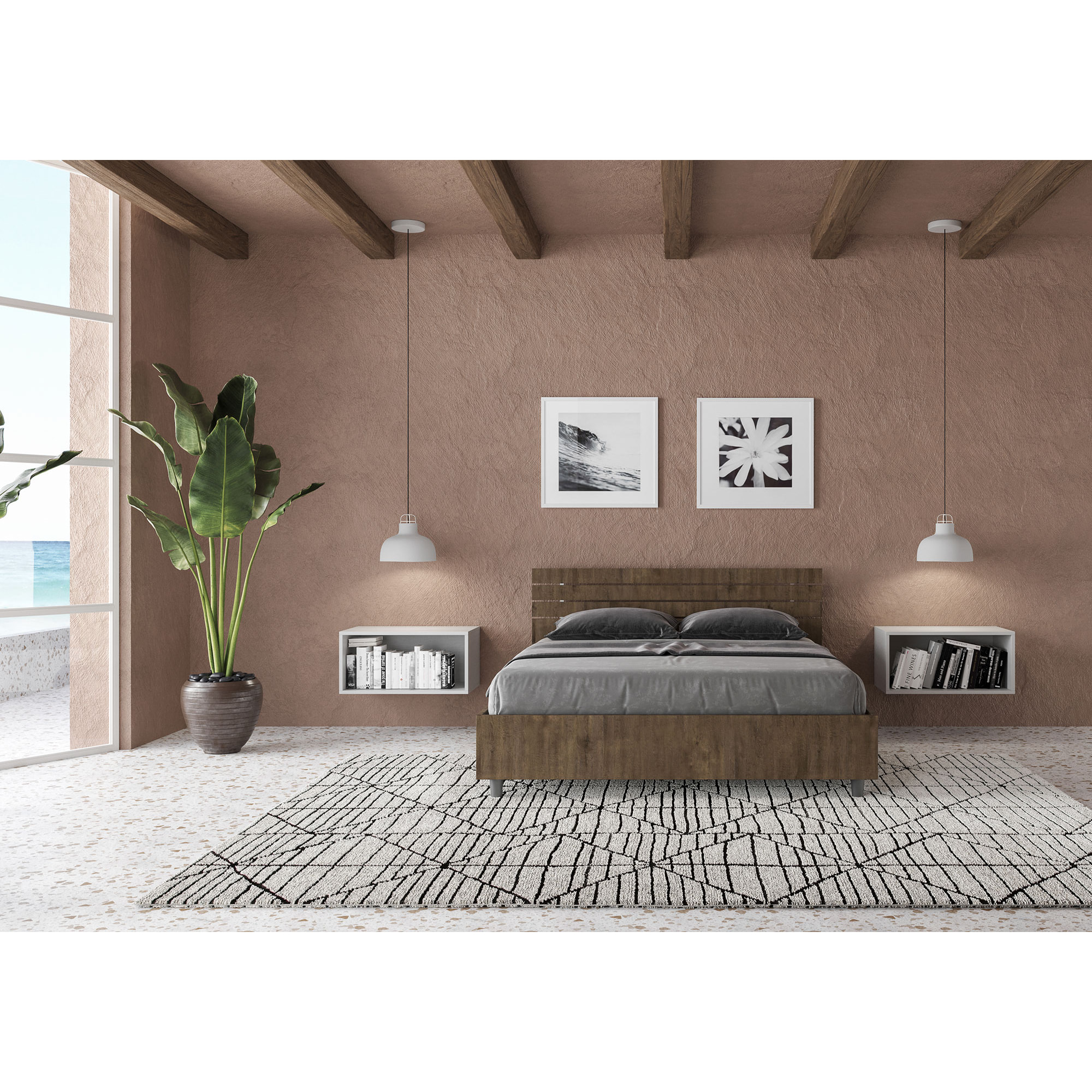 Cama doble sin somier 140x200 con cabecera inclinada de listones nogal Ankel