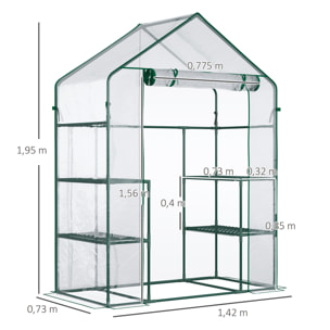 Serre de jardin 6 étagères - dim. 142L x 73l x 195H cm - porte - acier thermolaqué PVC haute densité anti-UV - transparent vert