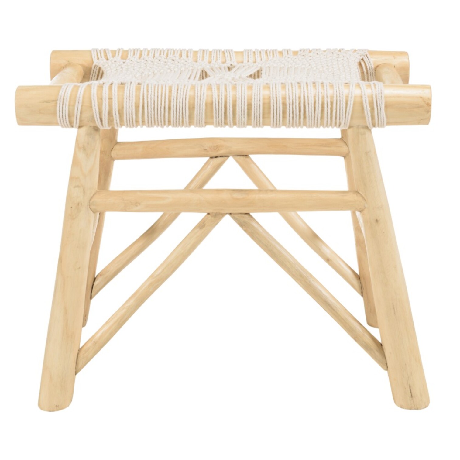 WILL - Tabouret en branches de teck naturel assise en macramé blanc