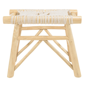 WILL - Tabouret en branches de teck naturel assise en macramé blanc