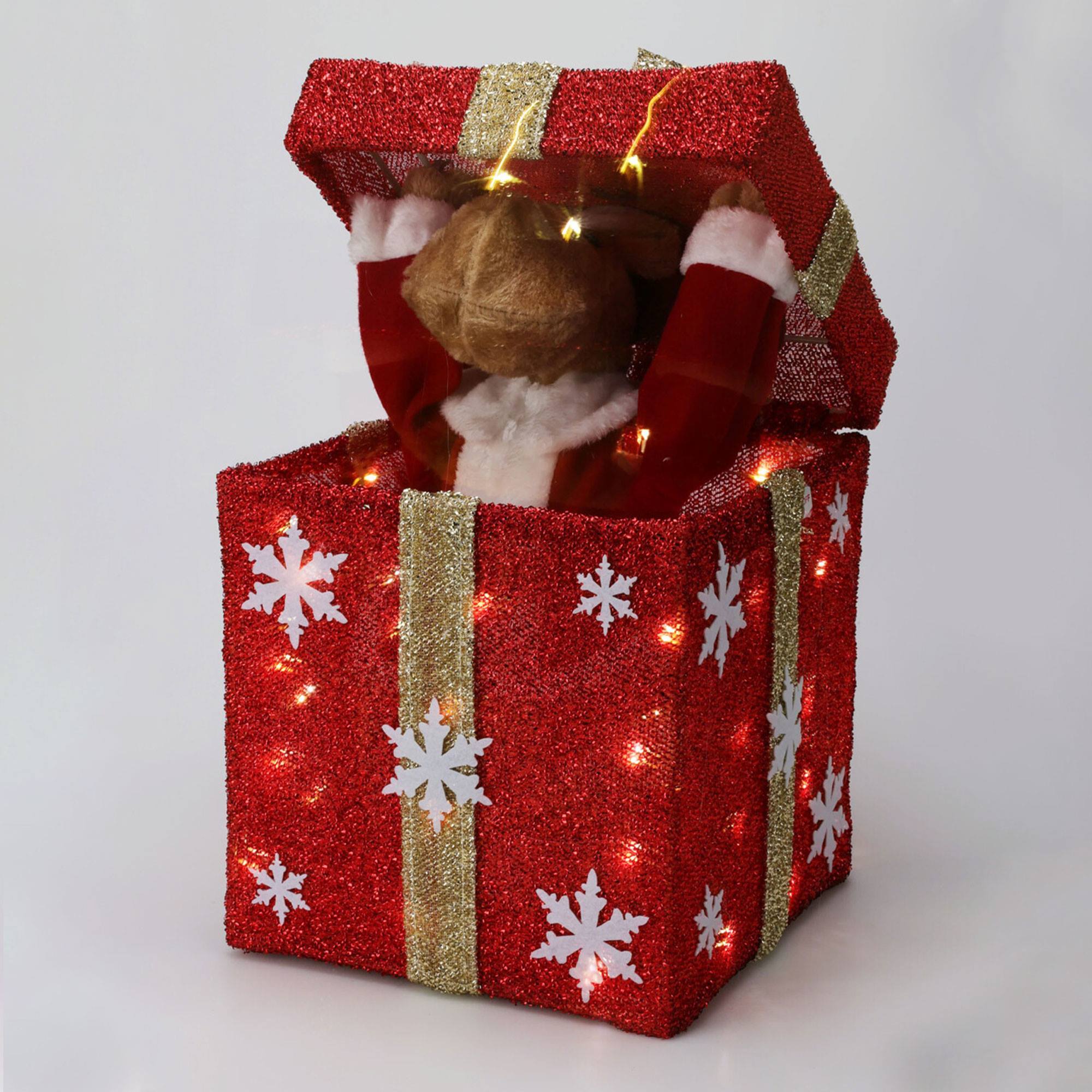 Caja de regalo roja decorativa navideña con música y 50 leds cálidas 25x25x50cm