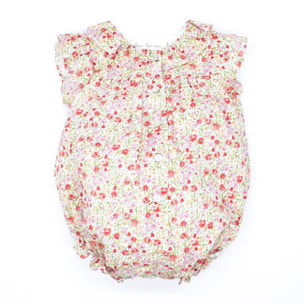 Pelele estampado flor roja, con volante en el cuello y en la sisa.