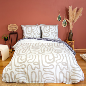 Parure housse de couette 100% courbe abstraite - blanc et beige