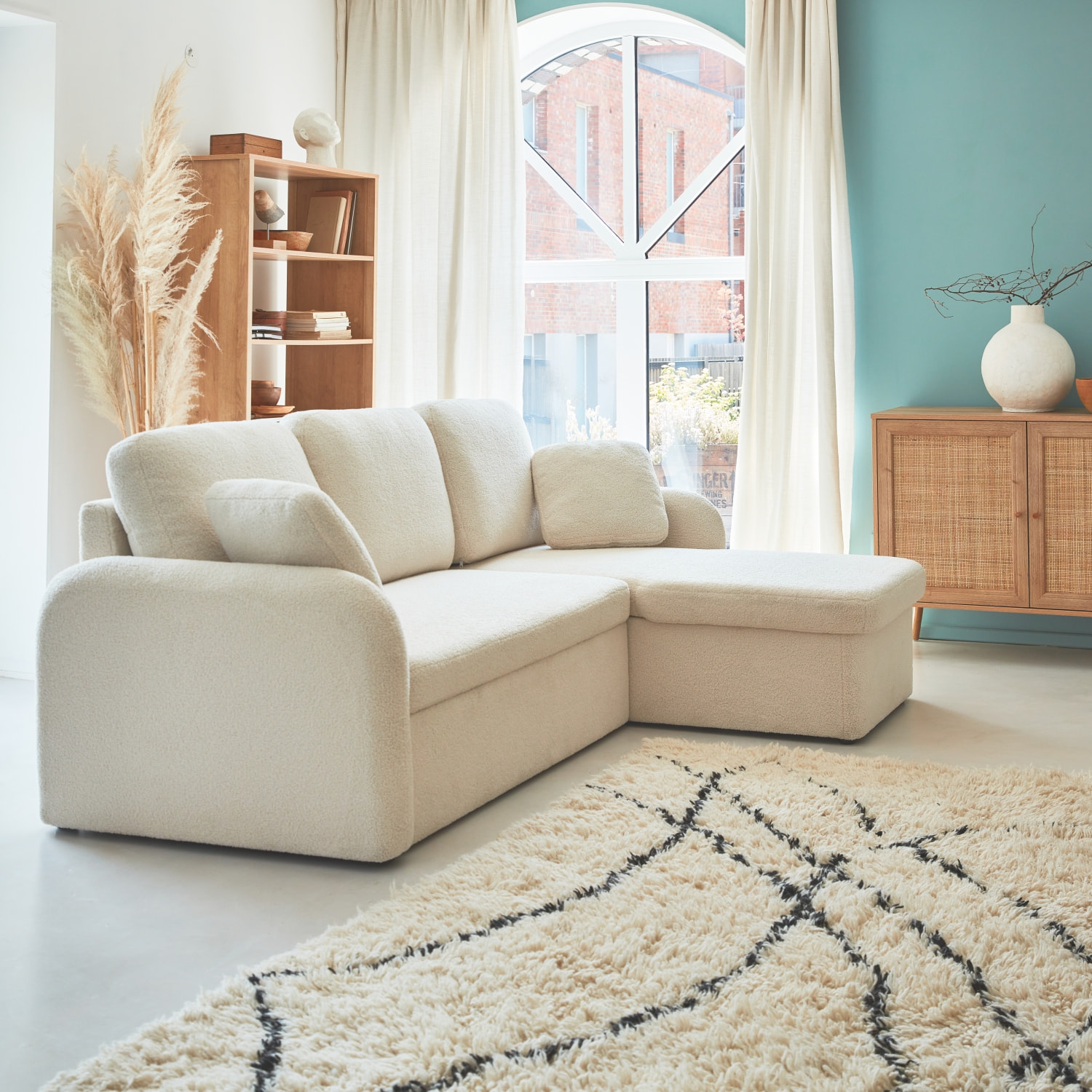 Canapé d'angle convertible en tissu bouclettes blanches - Milano - 3 places. fauteuil d'angle réversible coffre rangement lit modulable