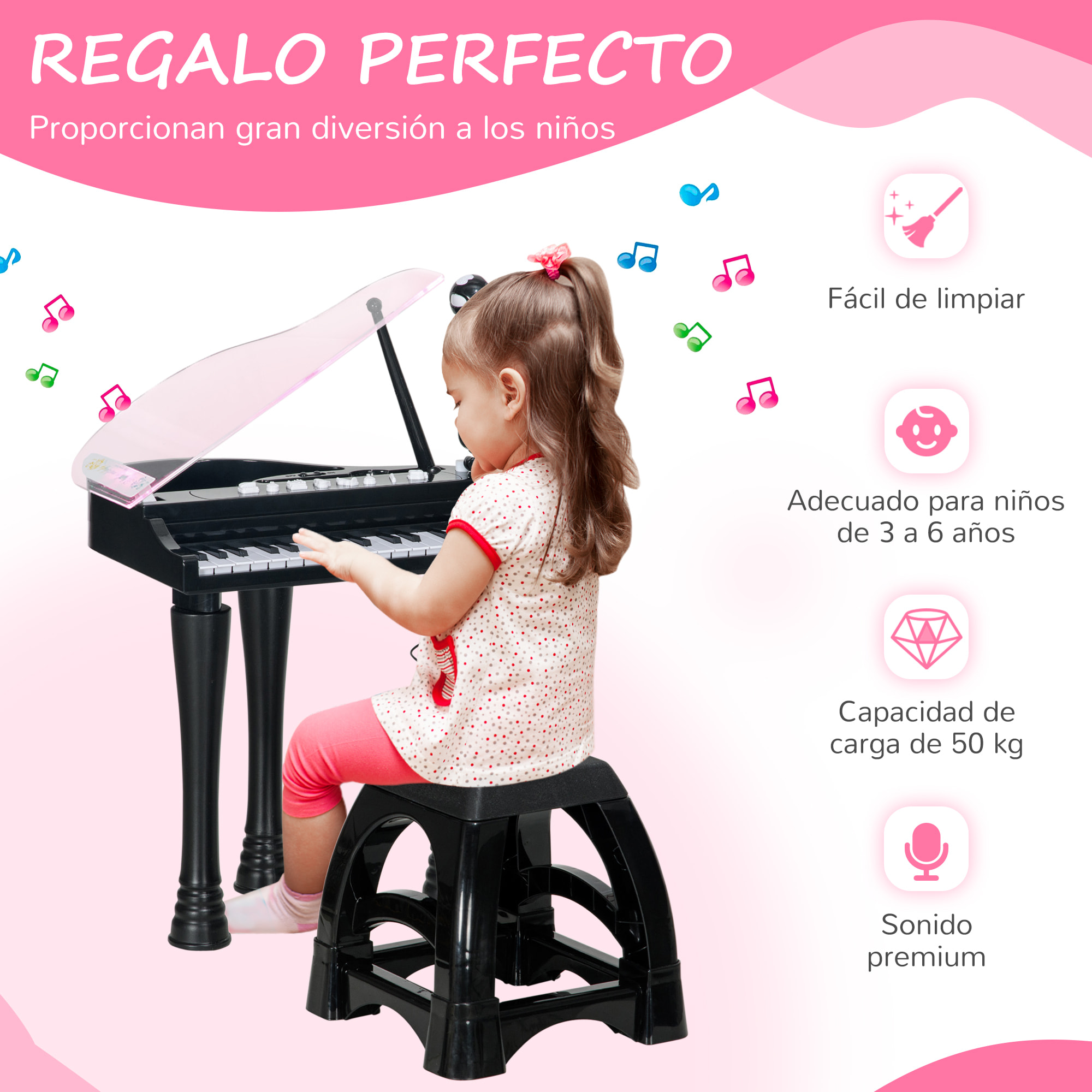 Piano Electrónico Infantil de 32 Teclas Juego de Piano con Micrófono Taburete Luces 22 Canciones 4 Sonidos Patas Desmontables y Volumen Ajustable 37x30,5x60,4 cm Negro