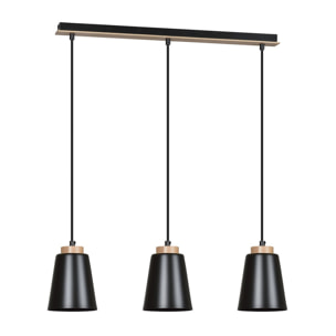 Lampada a sospensione BOLERO 3 in acciaio nero opaco e legno