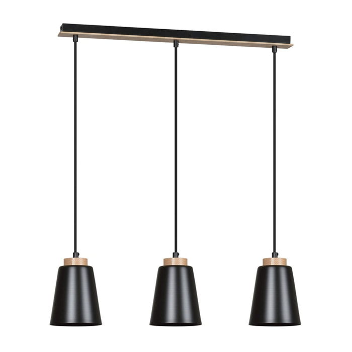 Lampada a sospensione BOLERO 3 in acciaio nero opaco e legno