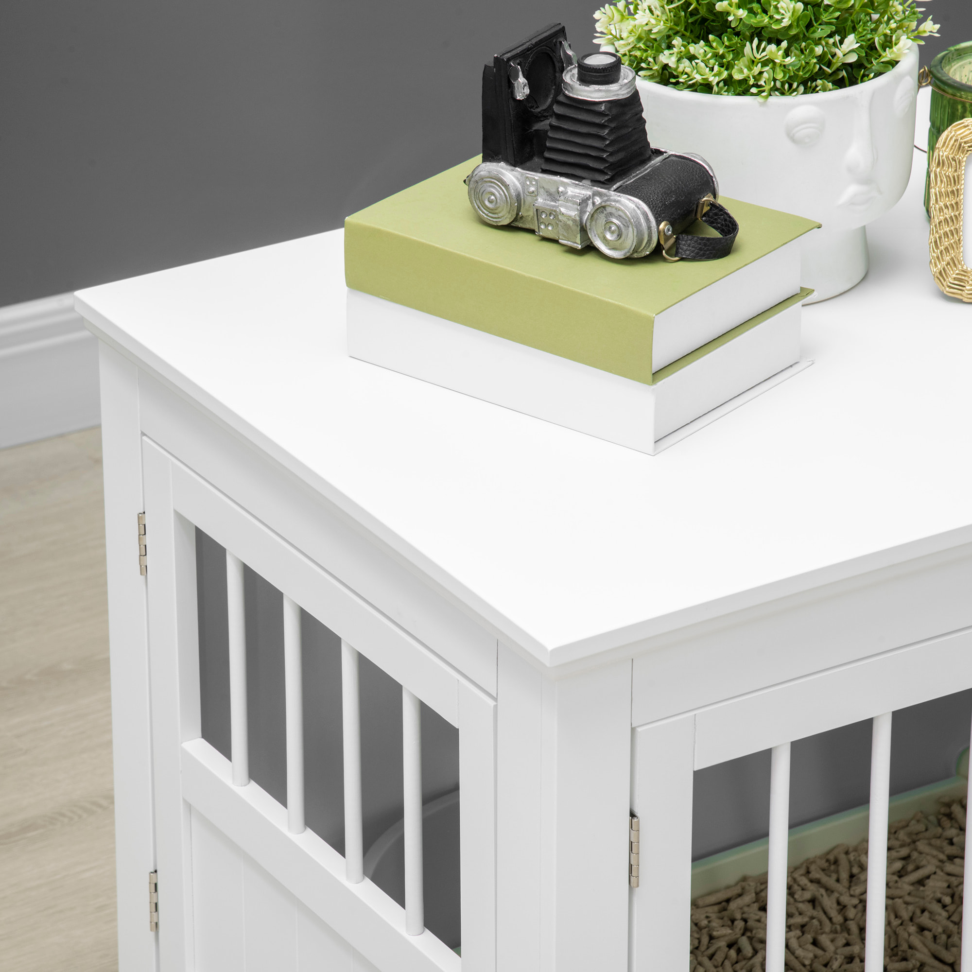 Jaula para Perros, Mesa Auxiliar, Casa para Mascotas Moderna con 3 Puertas Francés con Cierre Magnético, para Perros Pequeños, 78x53x59,3 cm, Blanco