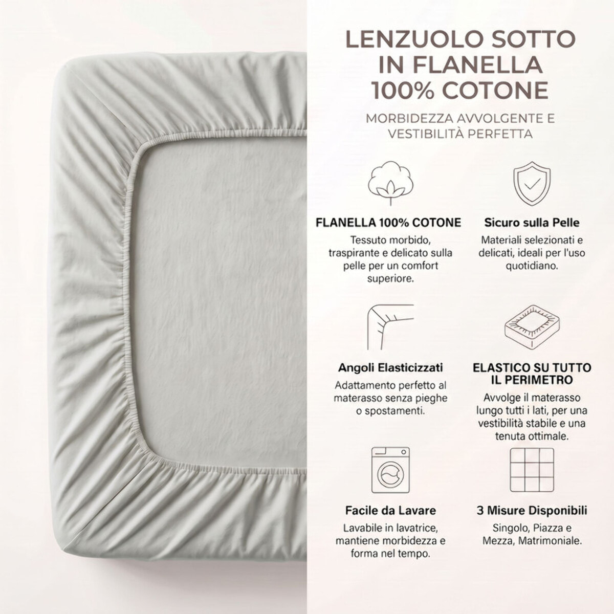 Lenzuolo sotto con angoli in flanella - Grigio