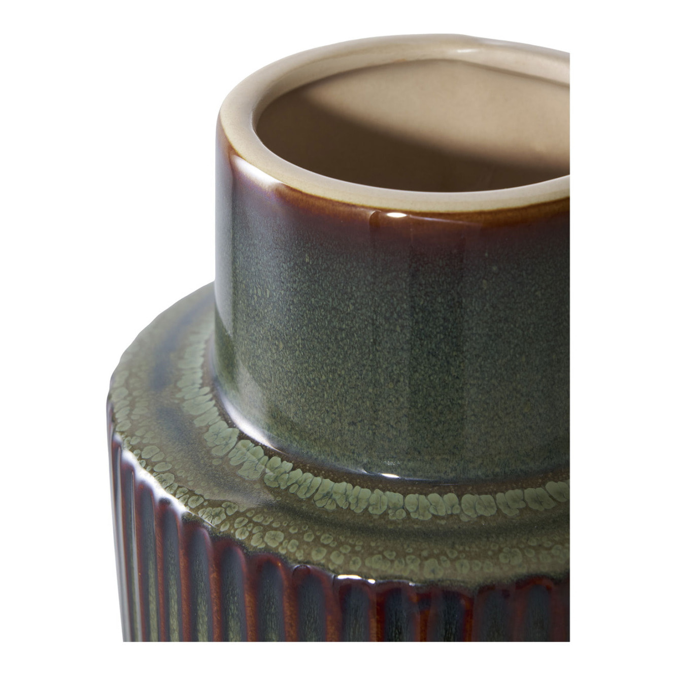 Vaso in ceramica verde e marrone con scanalature verticali ø16×h30 cm