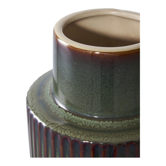 Vaso in ceramica verde e marrone con scanalature verticali ø16×h30 cm