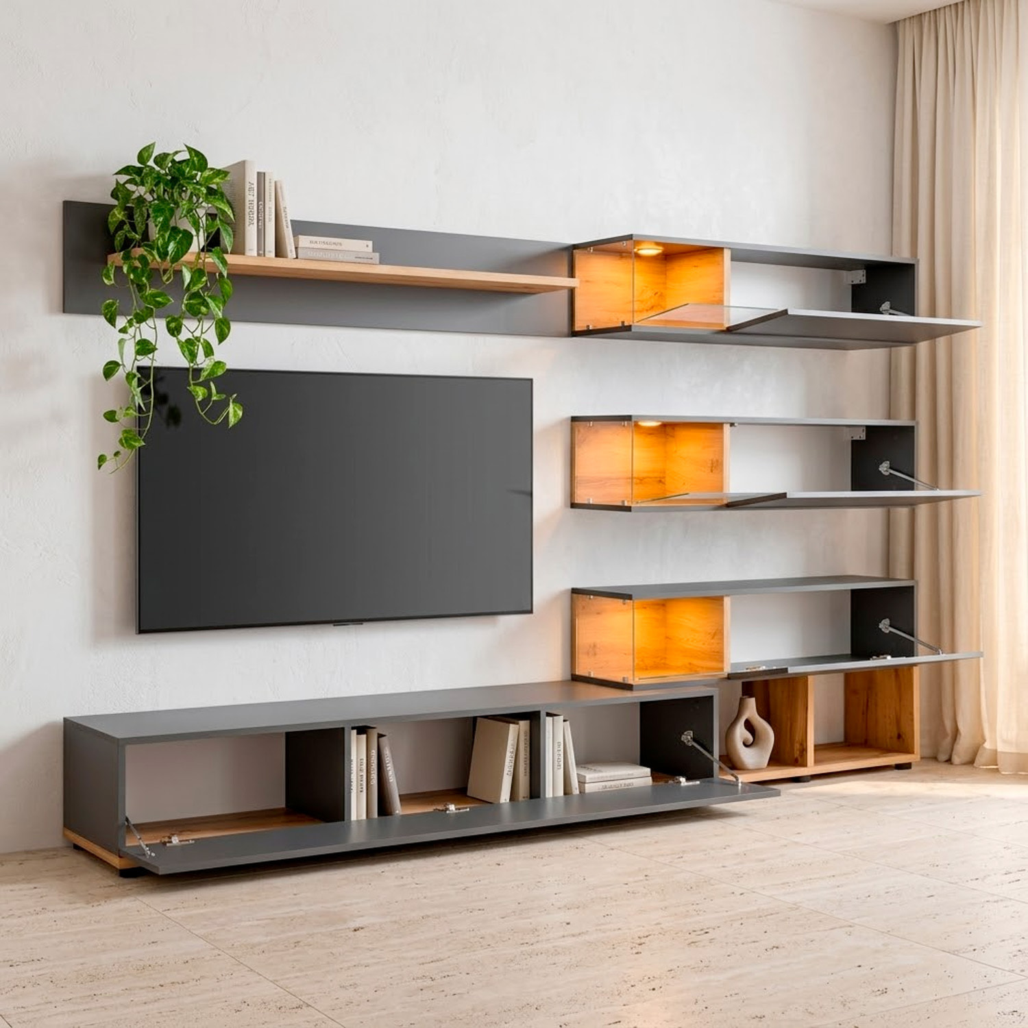 Parete Attrezzata Mobile TV Vetrine LED Pensili Mensola Soggiorno Contenitore Salvaspazio Design Moderno Multimedia 240 x 40 x 150 Cm Rovere Antracite
