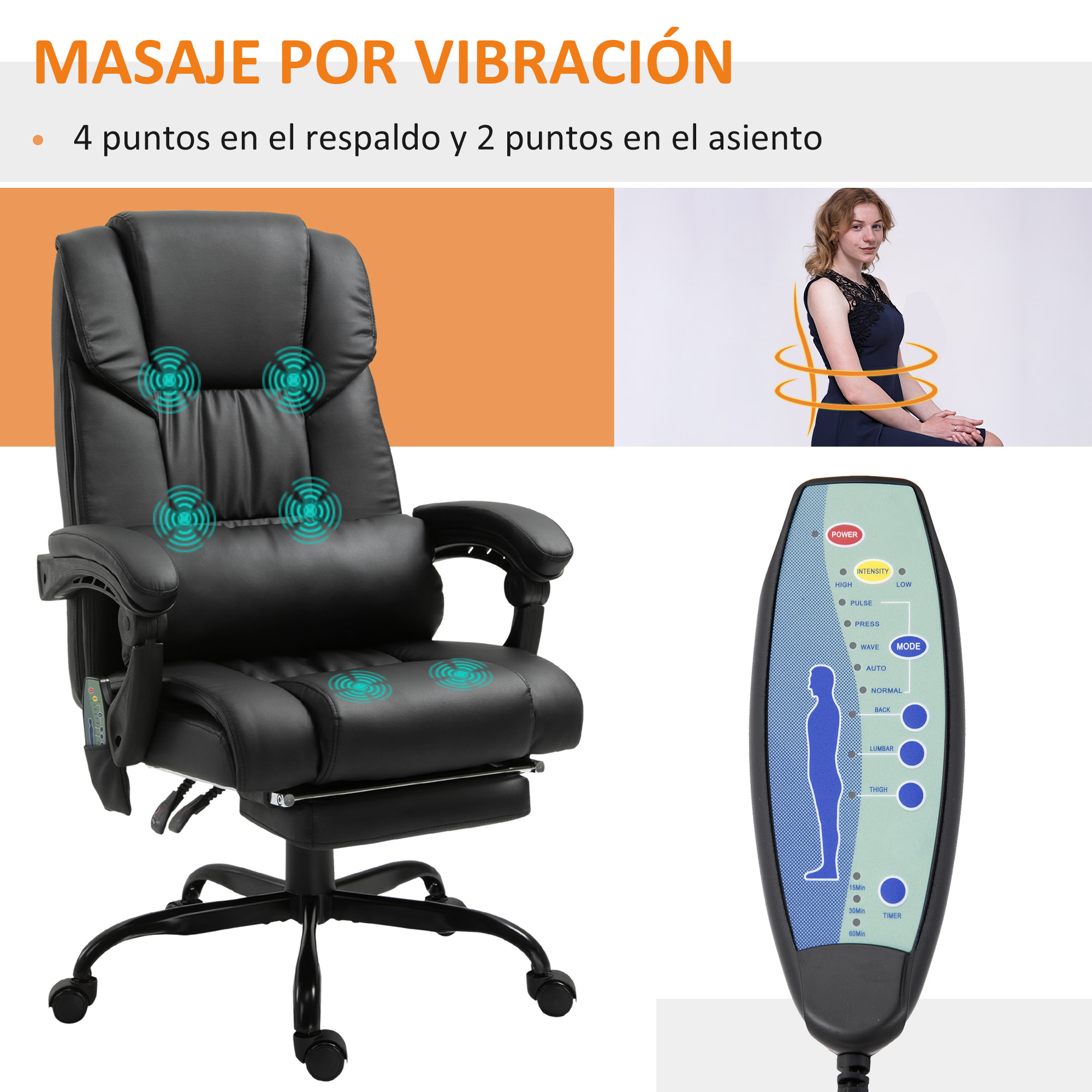 Silla de Oficina con Masaje Vibratorio de 6 Puntos Silla de Escritorio Giratoria con Respaldo Alto Reclinable Altura Ajustable Reposapiés y Mando a Distancia Negro
