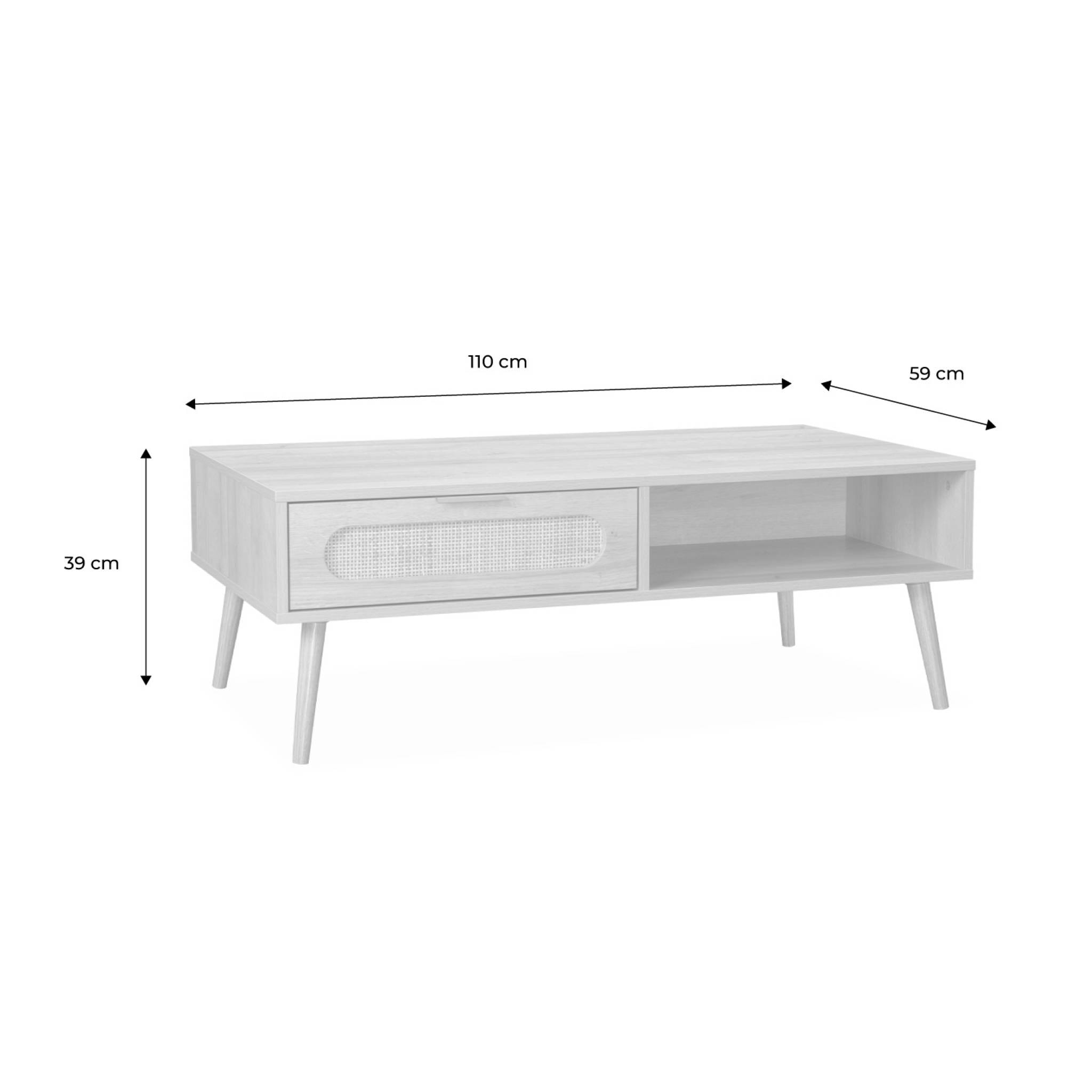 Table basse. Eva.  scandinave en cannage arrondi et en décor bois. 1 tiroir réversible L110 x l59 x H39cm