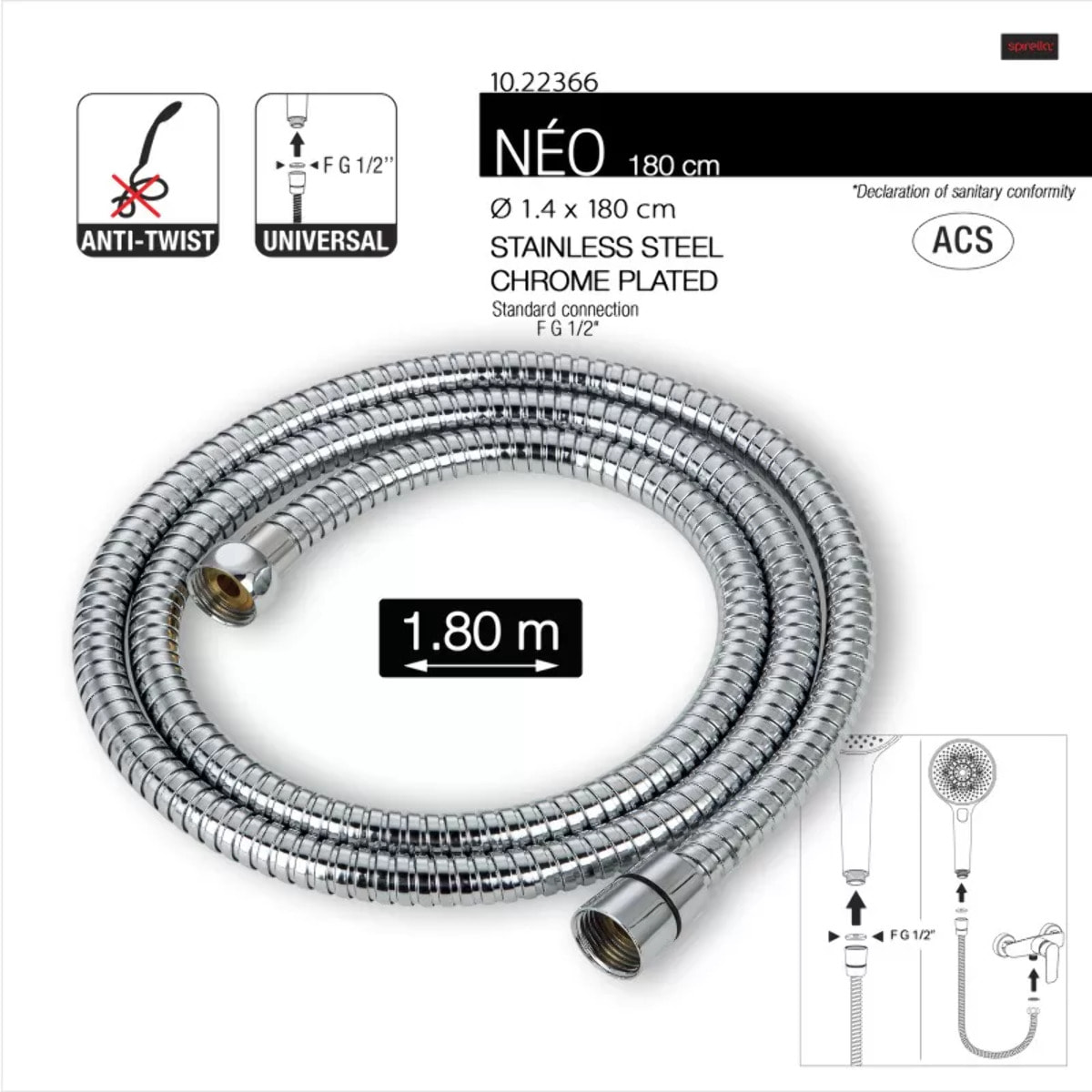 Flexible de douche inox NÉO 1,80 m – Anti-torsion – Connexion universelle F 1/2 – Certification ACS – Chromé Ø 14 mm