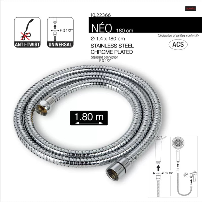 Flexible de douche inox NÉO 1,80 m – Anti-torsion – Connexion universelle F 1/2 – Certification ACS – Chromé Ø 14 mm