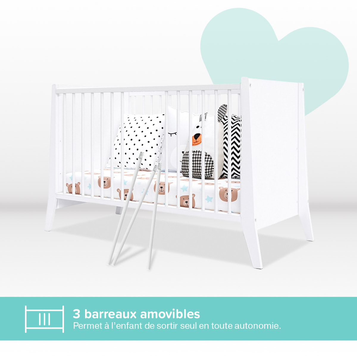 Lit Evolutif Timéo à barreaux 60 x 120 cm, Blanc, en Bois, 3 Hauteurs, Barreaux amovibles