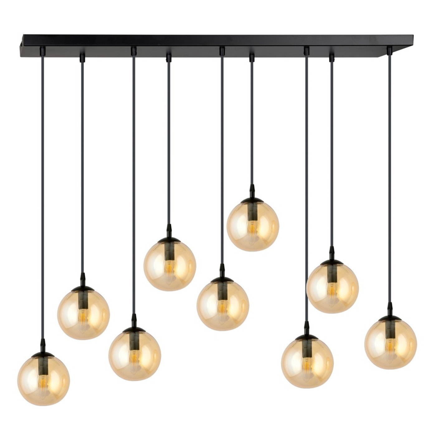 Lampada a sospensione COSMO con nove sfere in vetro ambra e struttura nera