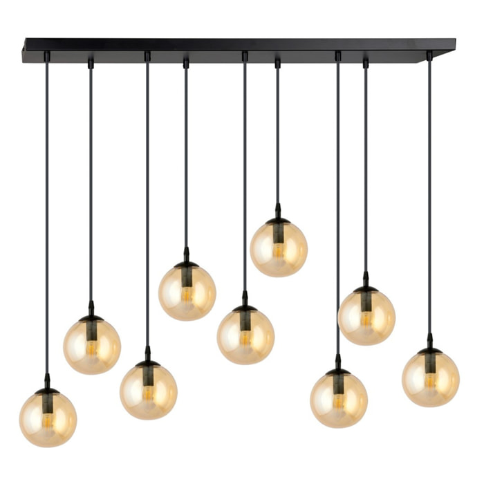 Lampada a sospensione COSMO con nove sfere in vetro ambra e struttura nera