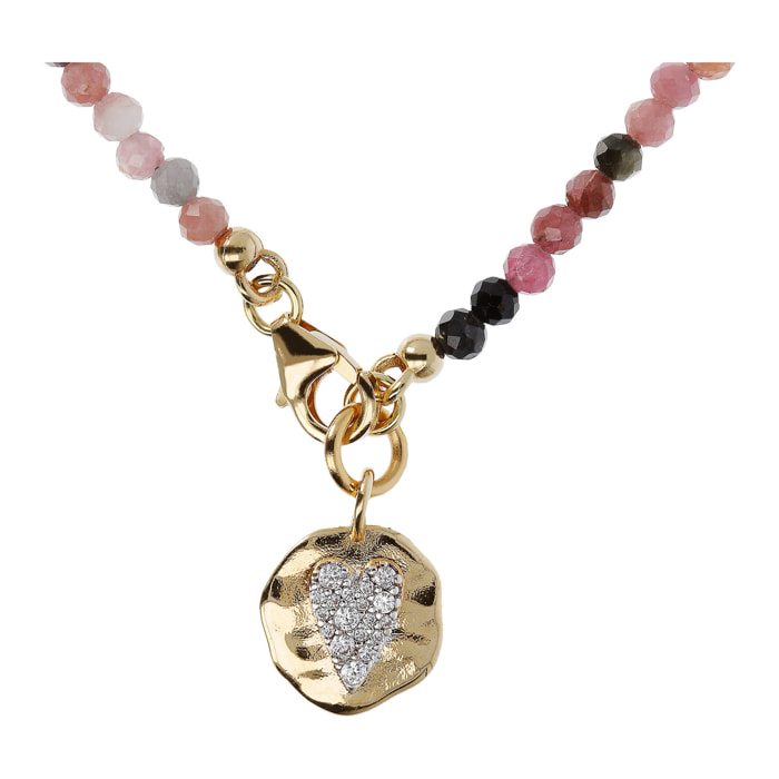 Collana Girocollo in Tormalina Multicolore e Ciondolo Martellato con Cuore Pavé in Cubic Zirconia