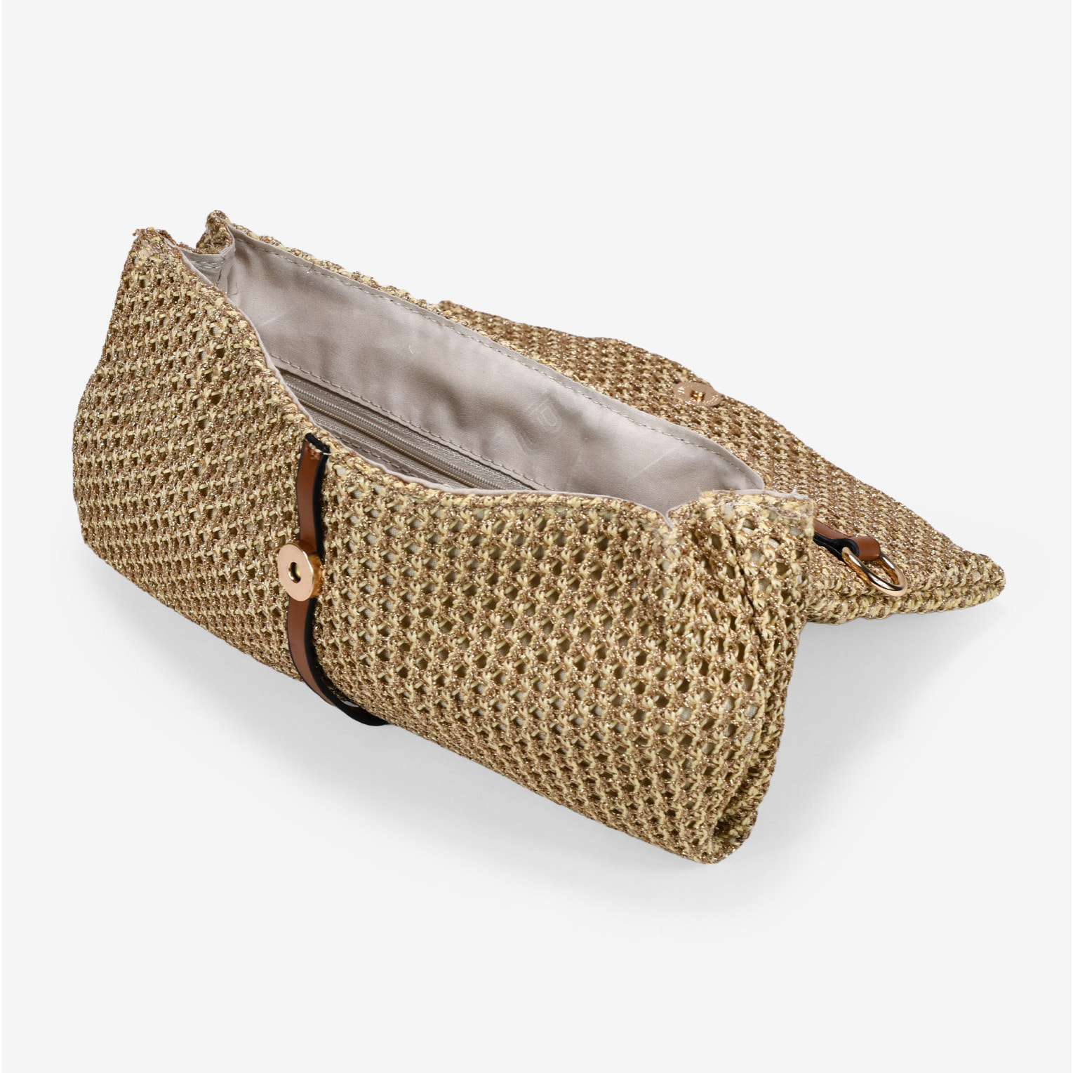 Bolso bandolera dorado con malla de rafia