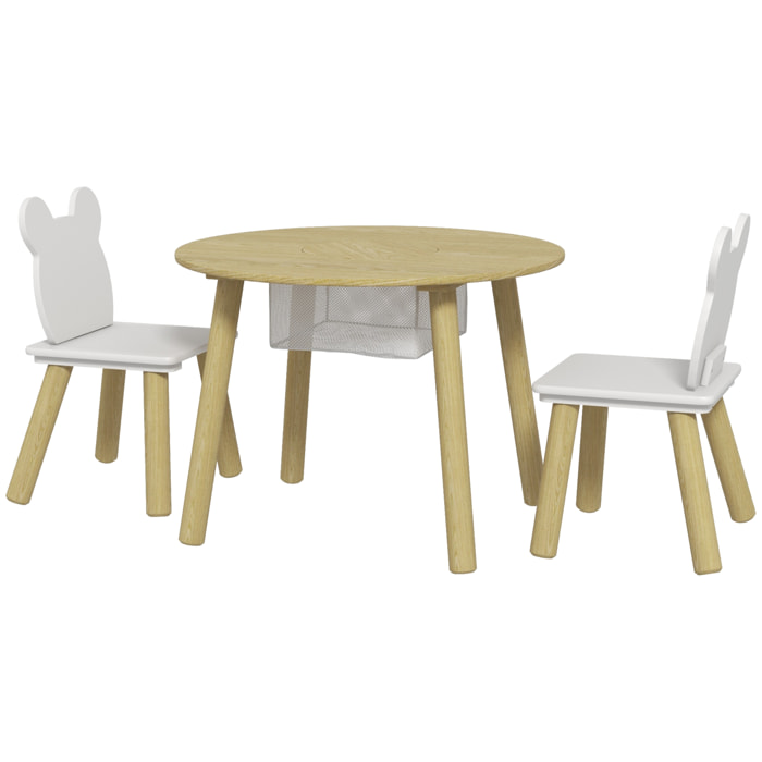 Ensemble table chaises enfant design ourson scandinave - rangement table intégré - aspect bois blanc