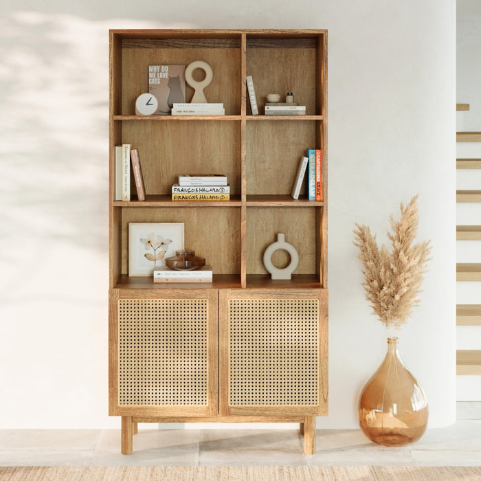 Bibliothèque en bois massif de mindi et rotin - Delya