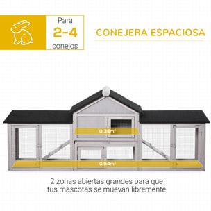 Conejera de Exterior Grande Jaula de Madera para 2-4 Conejos con Techo Asfáltico Recinto de Alambre Bandeja Extraíble y Rampas 210x45,5x84,5 cm Gris y Negro