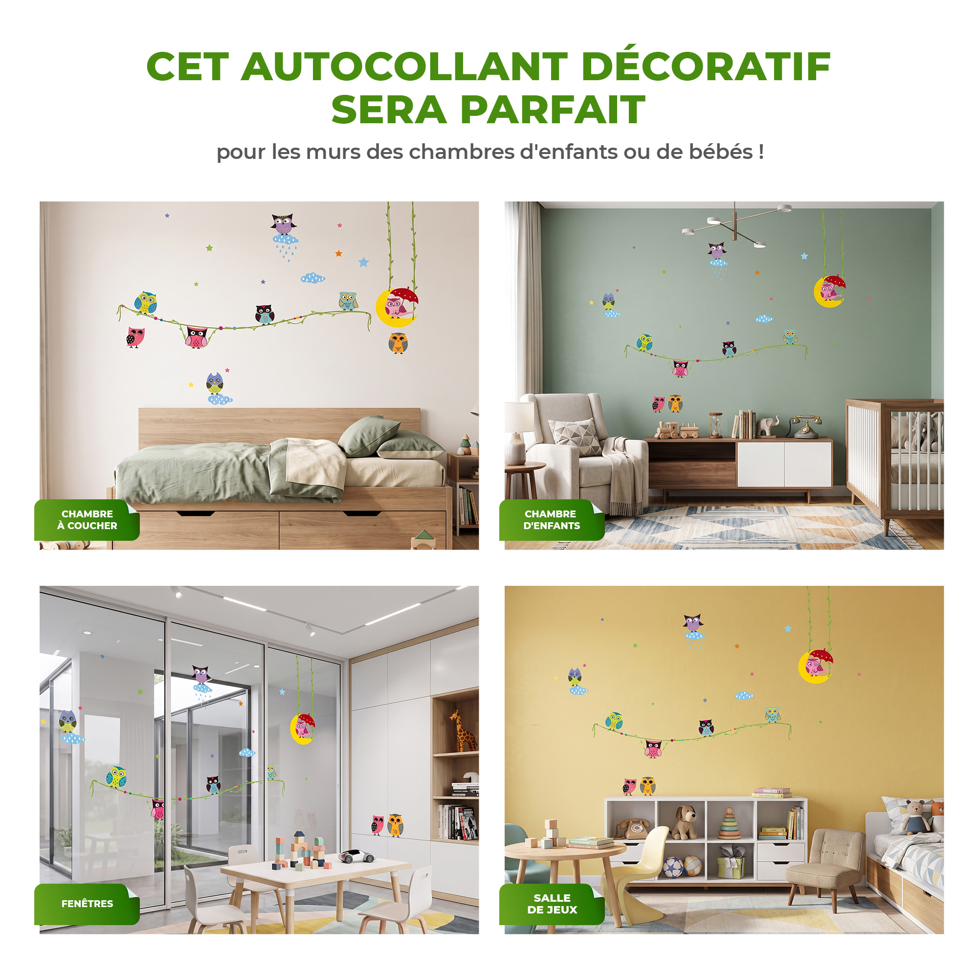 Stickers Muraux décoration adhésifs Hiboux sur Lianes