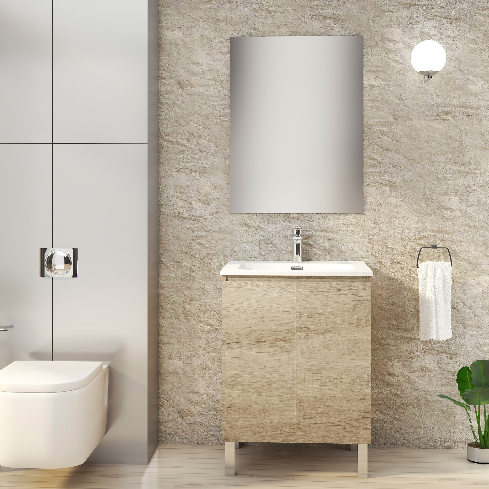 Ensemble de Salle de Bain Lust | 60 cm Nature | Deux Portes | Lavabo Encastré | N'inclut pas le Miroir | Meuble Assemblé | Alday