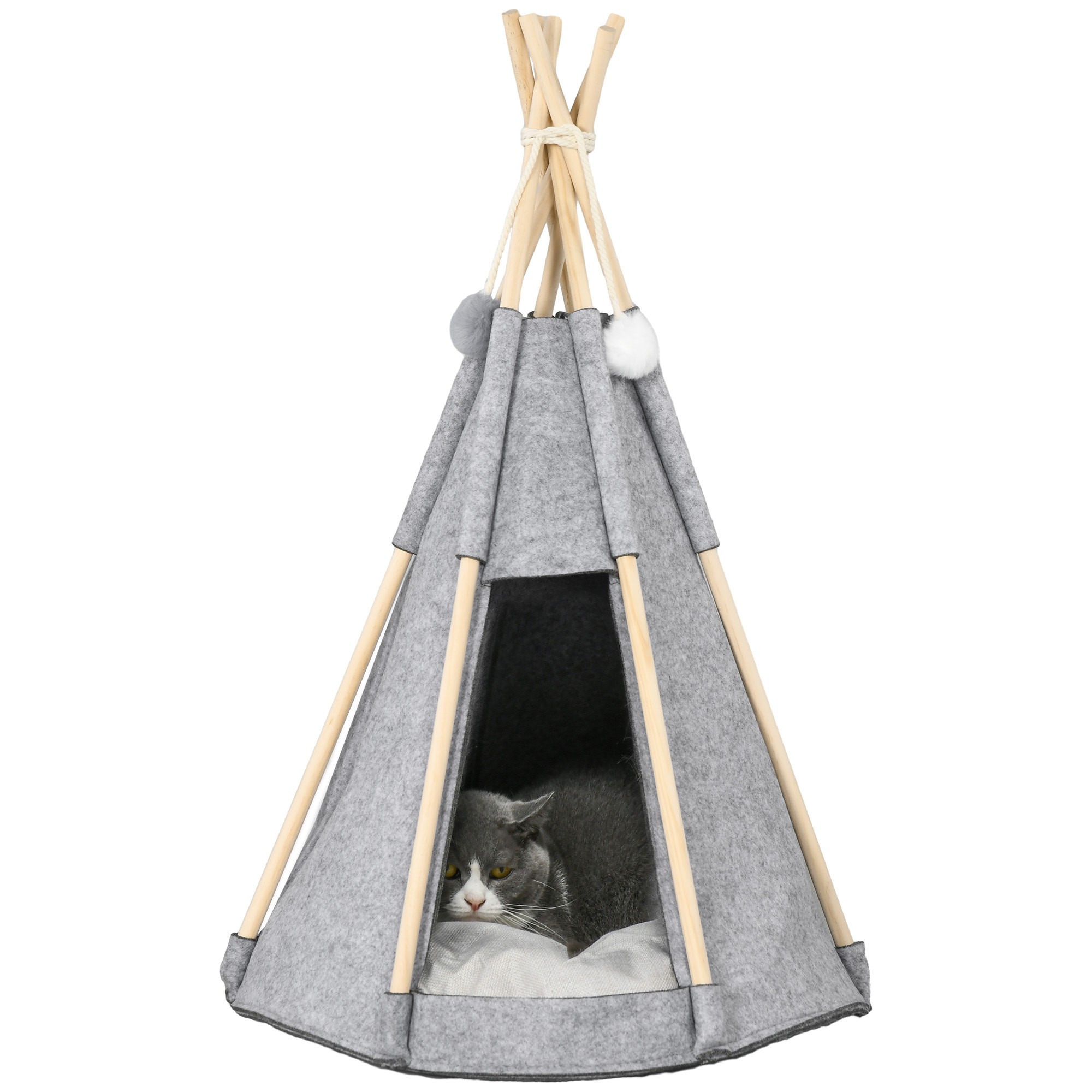 Tente tipi pour animaux - teepee chien chat - coussin épais grand confort inclus - structure bois de pin feutre polyester gris