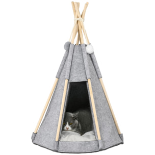 Tente tipi pour animaux - teepee chien chat - coussin épais grand confort inclus - structure bois de pin feutre polyester gris