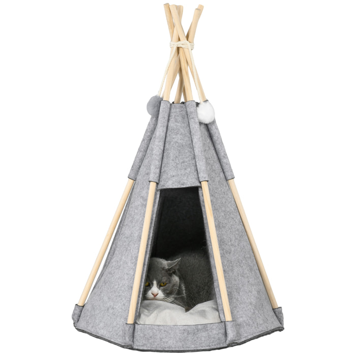 Tente tipi pour animaux - teepee chien chat - coussin épais grand confort inclus - structure bois de pin feutre polyester gris