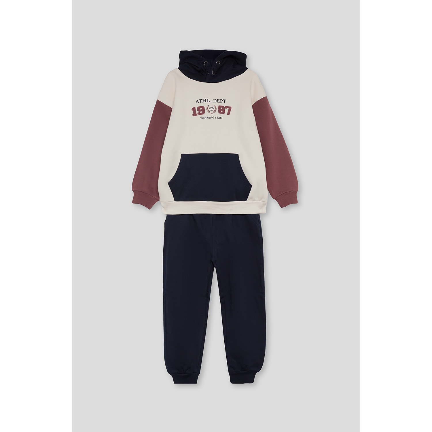 Conjunto niño sudadera con capucha crudo, marino y teja de felpa, bolsillo canguro y puños elásticos | Color: Marino | Street Monkey
